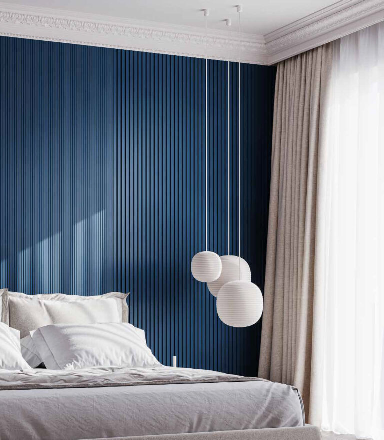 Idée habillage mural tête de lit en décor 3D bleu